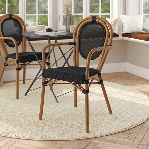 Flash Furniture Marseille Thonet French Bistro Stacking Chair w/Arms, Black Textilene and Bamboo Print Alum Frame - SDA-AD642002A-TXT-BK-NAT-GG