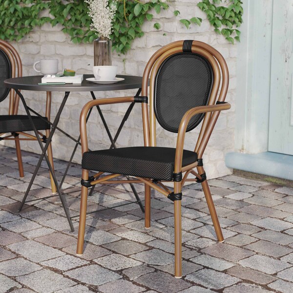 Flash Furniture Marseille Thonet French Bistro Stacking Chair w/Arms, Black Textilene and Bamboo Print Alum Frame - SDA-AD642002A-TXT-BK-NAT-GG