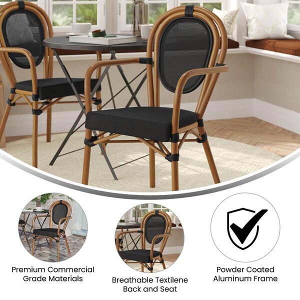 Flash Furniture Marseille Thonet French Bistro Stacking Chair w/Arms, Black Textilene and Bamboo Print Alum Frame - SDA-AD642002A-TXT-BK-NAT-GG