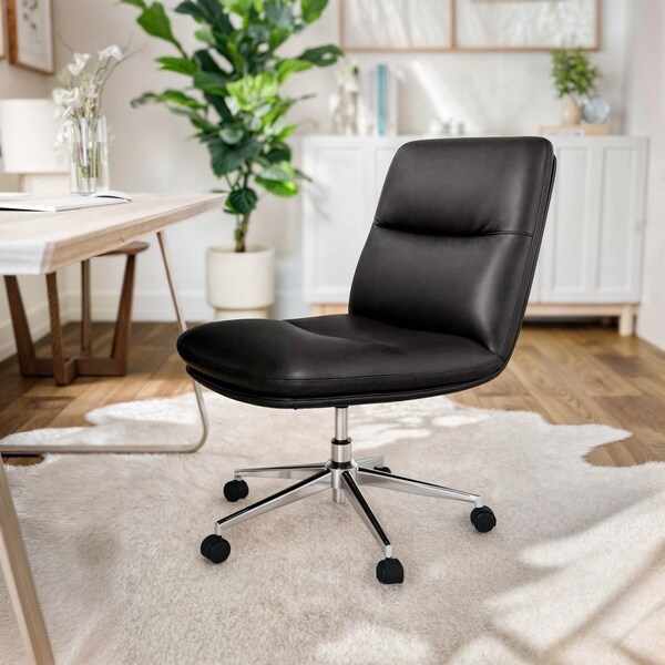 Flash Furniture Chloe Mid-Back Black Padded LeatherSoft Armless Chair w/Wheels, Swivel Function, and Chrome Frame - CH-232174-1-BK-GG