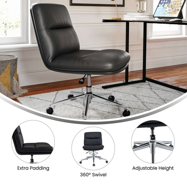 Flash Furniture Chloe Mid-Back Black Padded LeatherSoft Armless Chair w/Wheels, Swivel Function, and Chrome Frame - CH-232174-1-BK-GG