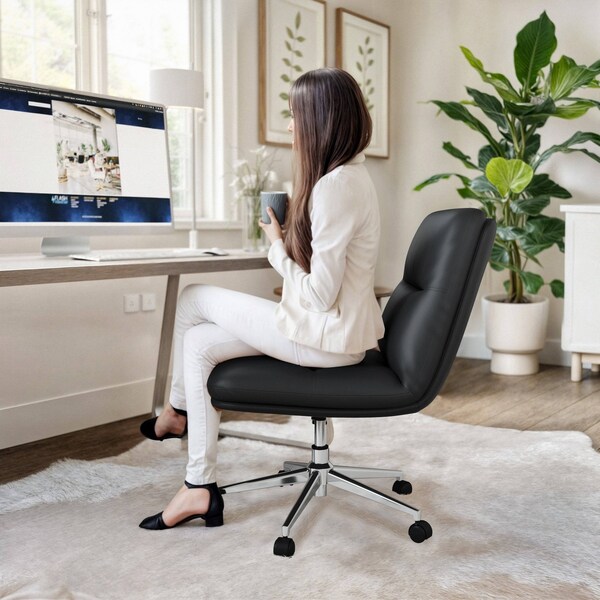 Flash Furniture Chloe Mid-Back Black Padded LeatherSoft Armless Chair w/Wheels, Swivel Function, and Chrome Frame - CH-232174-1-BK-GG