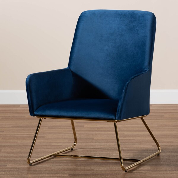 Baxton Studio Sennet Navy Blue Velvet Upholstered Gold Finished Armchair - 160-9910