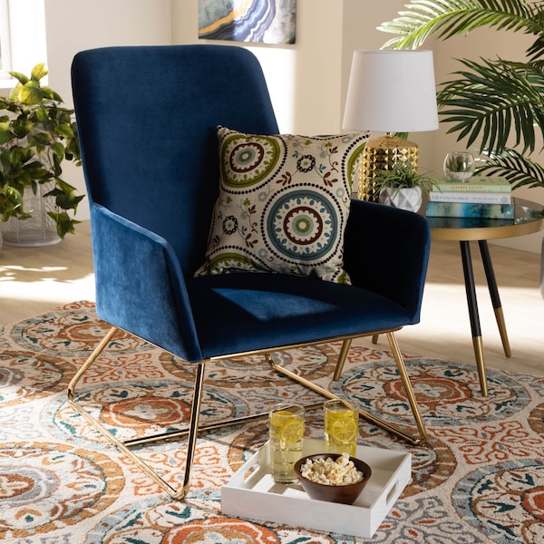Baxton Studio Sennet Navy Blue Velvet Upholstered Gold Finished Armchair - 160-9910