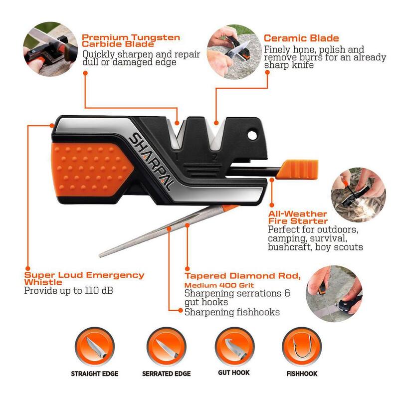 Sharpal 6-in-1 Pocket Knife Sharpener & Survival Tool, with Fire Starter, Whistle & Diamond Sharpening Rod, Repair Restore Hone - 101N