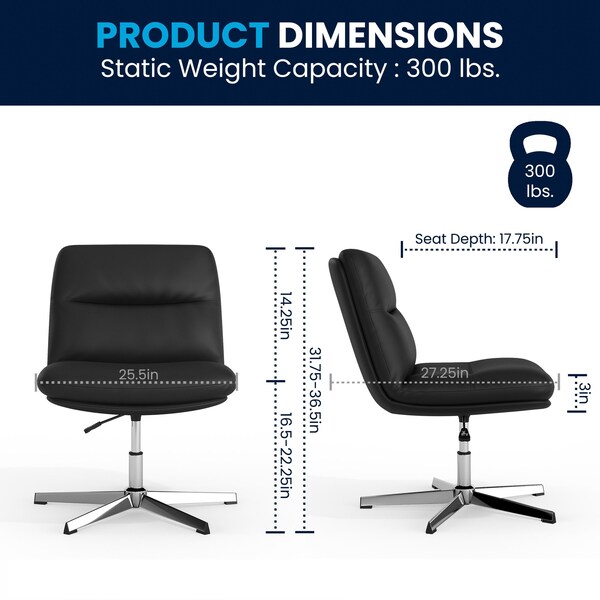 Flash Furniture Chloe Wide Mid-Back Black Padded LeatherSoft Armless Office Chair, Swivel Function, Chrome Frame - CH-232196-BK-GG