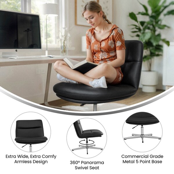 Flash Furniture Chloe Wide Mid-Back Black Padded LeatherSoft Armless Office Chair, Swivel Function, Chrome Frame - CH-232196-BK-GG