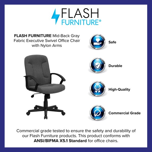 Flash Furniture Contemporary Chair Gray Mid-Back Exec Chair, Fixed Arms, 17-1/4" to 21-1/4" Height, Fabric, Gray - GO-ST-6-GY-GG
