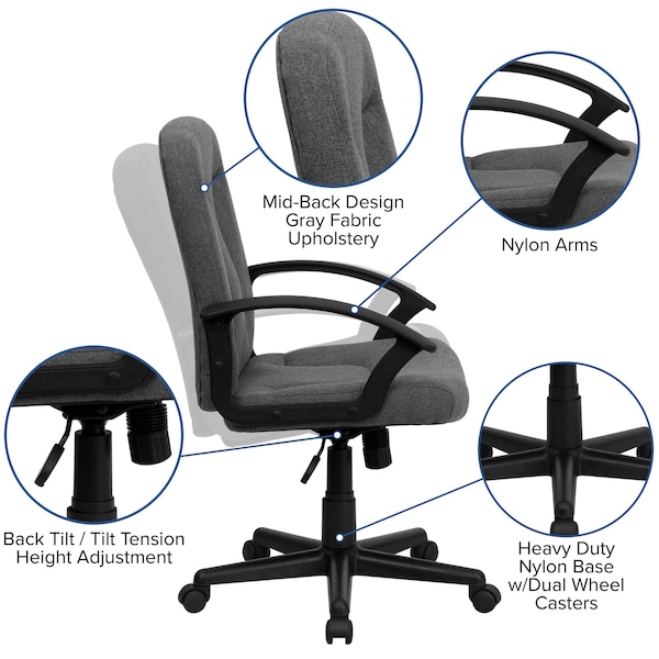 Flash Furniture Contemporary Chair Gray Mid-Back Exec Chair, Fixed Arms, 17-1/4" to 21-1/4" Height, Fabric, Gray - GO-ST-6-GY-GG
