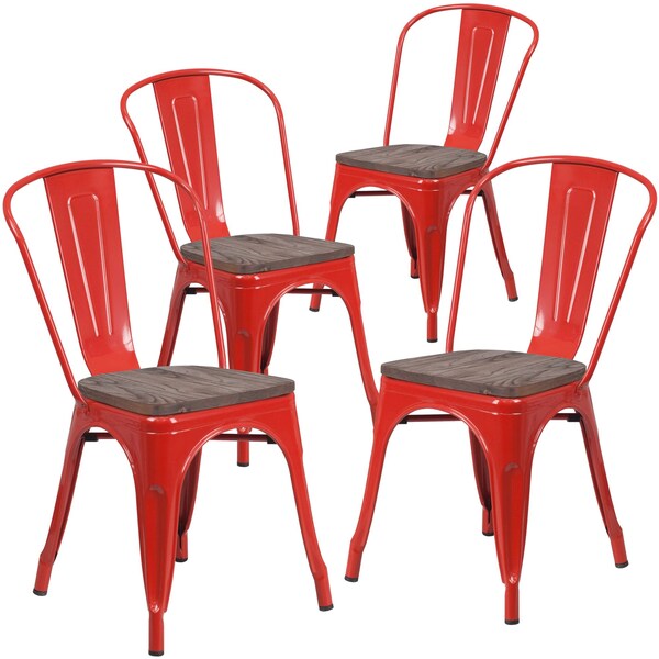 Flash Furniture Red Metal Stackable Chair with Wood Seat - 4-CH-31230-RED-WD-GG