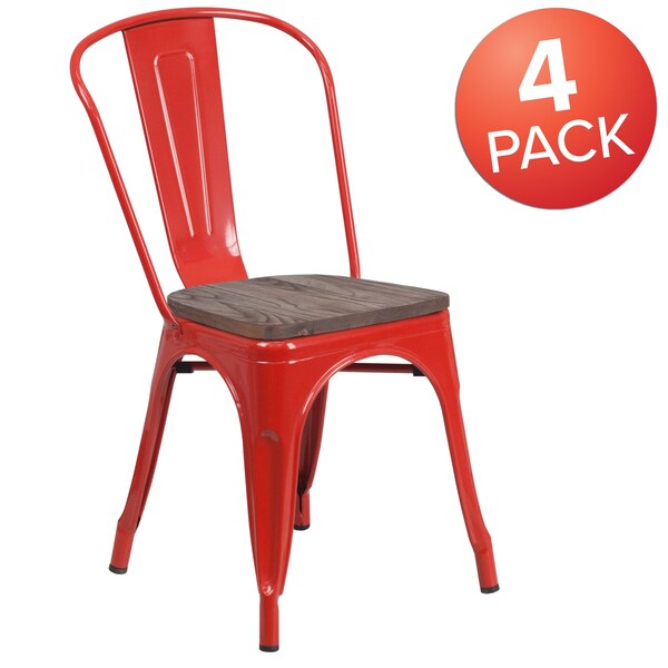 Flash Furniture Red Metal Stackable Chair with Wood Seat - 4-CH-31230-RED-WD-GG