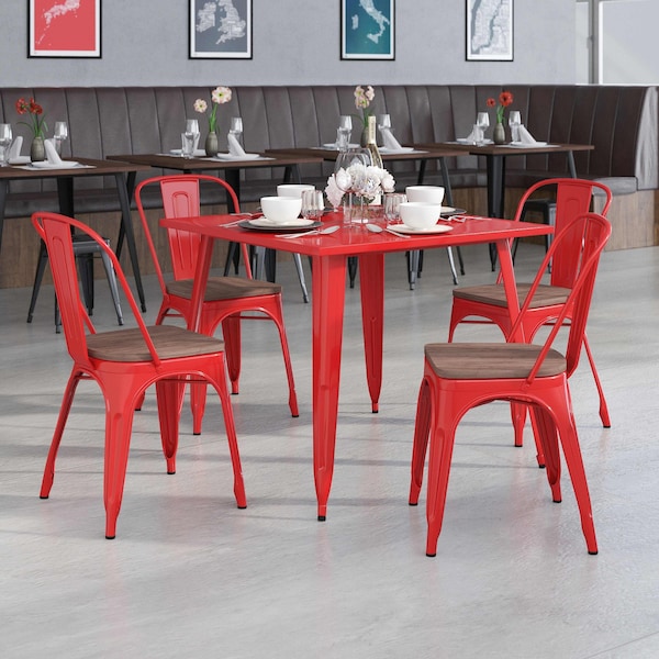 Flash Furniture Red Metal Stackable Chair with Wood Seat - 4-CH-31230-RED-WD-GG