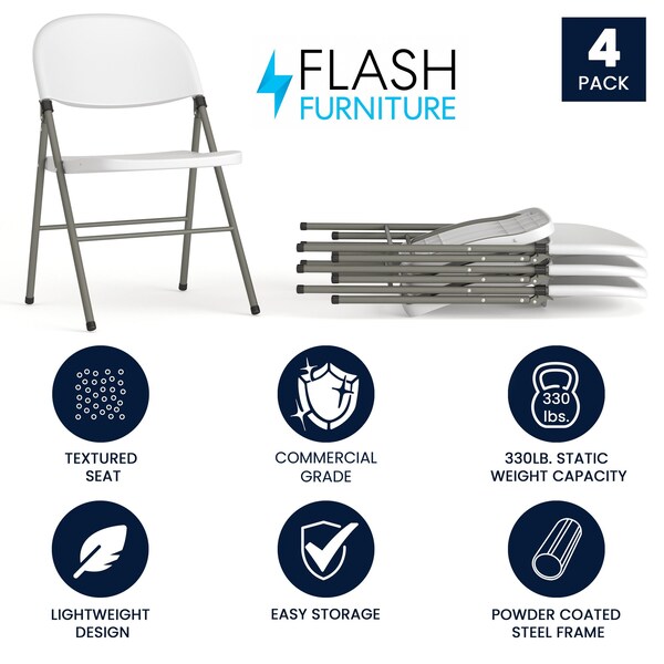Flash Furniture 330 lb. Capacity White Plastic Folding Chair, 4PK - 4-DAD-YCD-70-WH-GG