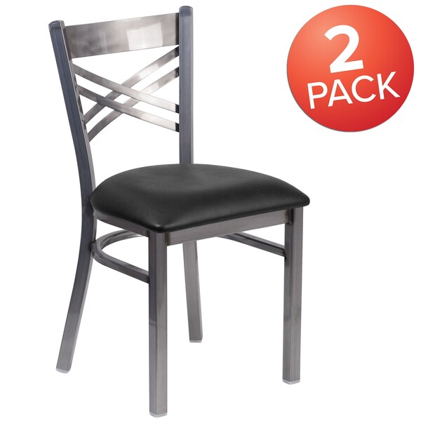 Flash Furniture Clear Coated ''X'' Back Metal Restaurant Chair, Black Vinyl Seat, PK2 - 2-XU-6FOB-CLR-BLKV-GG