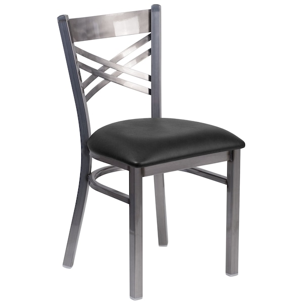 Flash Furniture Clear Coated ''X'' Back Metal Restaurant Chair, Black Vinyl Seat, PK2 - 2-XU-6FOB-CLR-BLKV-GG