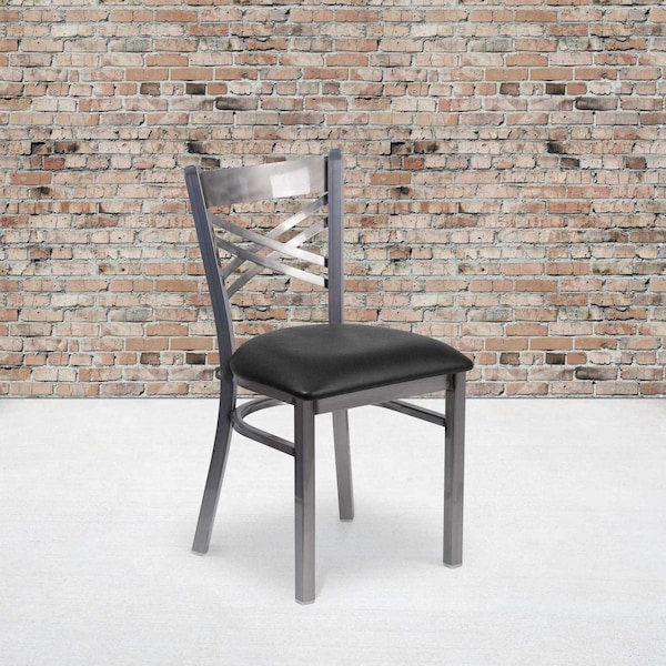 Flash Furniture Clear Coated ''X'' Back Metal Restaurant Chair, Black Vinyl Seat, PK2 - 2-XU-6FOB-CLR-BLKV-GG