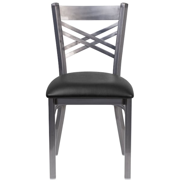 Flash Furniture Clear Coated ''X'' Back Metal Restaurant Chair, Black Vinyl Seat, PK2 - 2-XU-6FOB-CLR-BLKV-GG