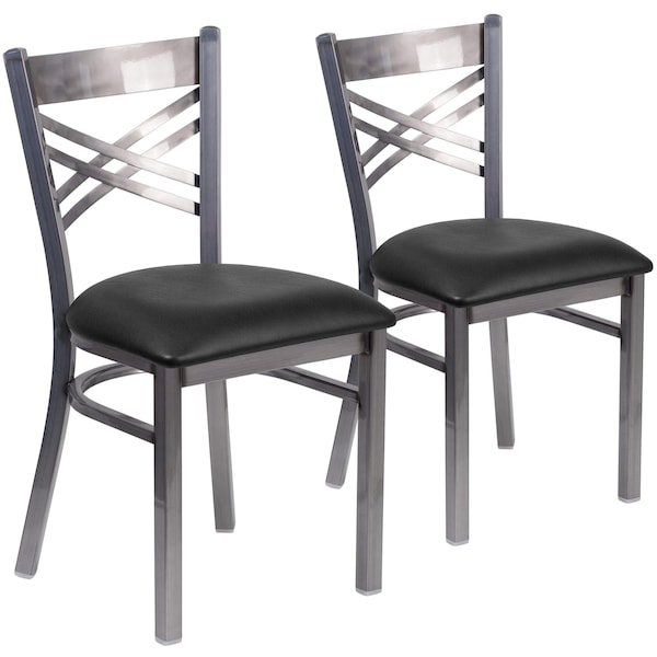 Flash Furniture Clear Coated ''X'' Back Metal Restaurant Chair, Black Vinyl Seat, PK2 - 2-XU-6FOB-CLR-BLKV-GG