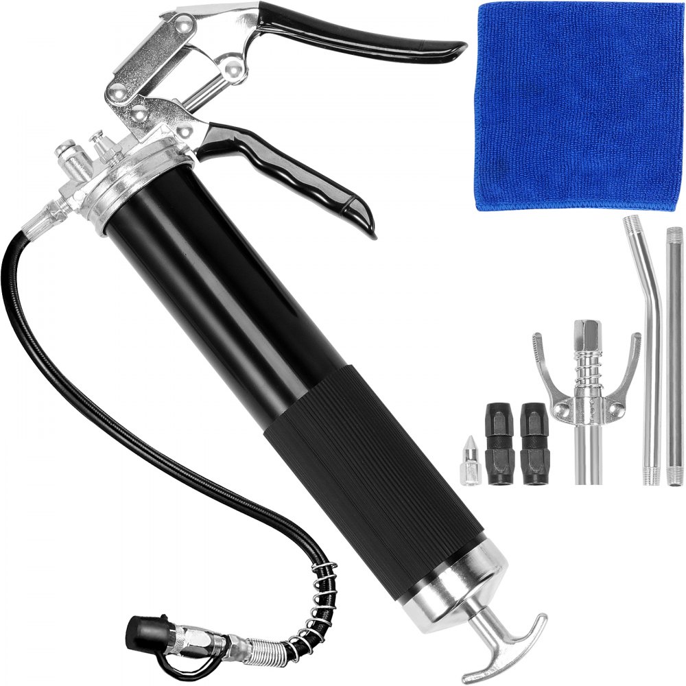 VEVOR Pistol Grip Grease Gun, 6000 PSI, 14 OZ / 400 CC Capacity Heavy Duty Professional Grease Gun, with 19.69 Inch Flexible Hose 2 Black Flat Couplers, 1 Pointed Coupler, and 2 Rigid Metal Pipe - SDHYQZXSQSY1820J2V0