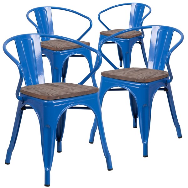 Flash Furniture Blue Metal Chair with Wood Seat and Arms - 4-CH-31270-BL-WD-GG
