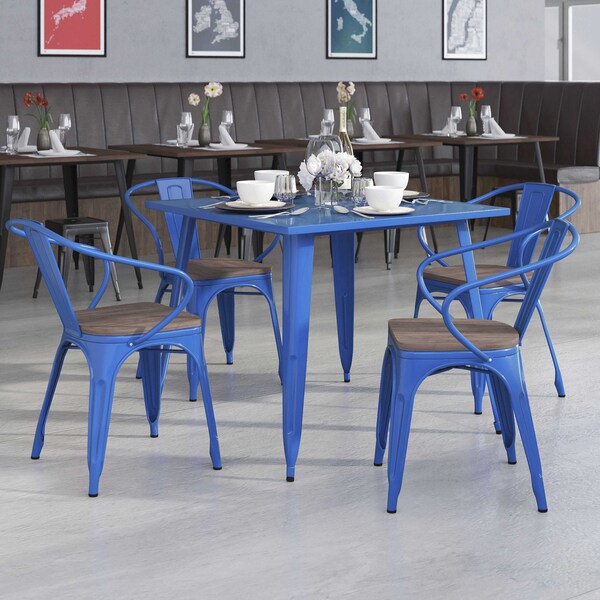 Flash Furniture Blue Metal Chair with Wood Seat and Arms - 4-CH-31270-BL-WD-GG