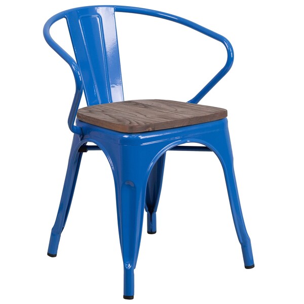 Flash Furniture Blue Metal Chair with Wood Seat and Arms - 4-CH-31270-BL-WD-GG