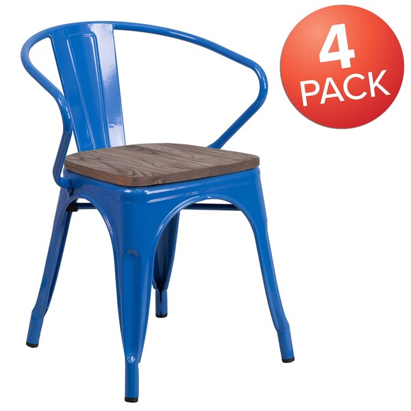 Flash Furniture Blue Metal Chair with Wood Seat and Arms - 4-CH-31270-BL-WD-GG