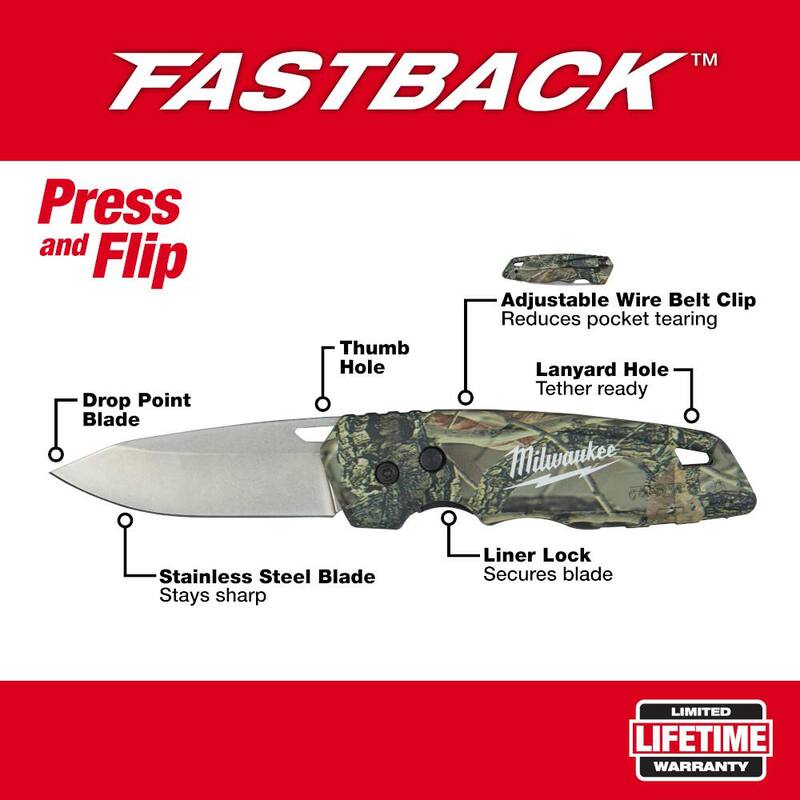Milwaukee FASTBACK Camo Stainless Steel Folding Knife with 2.95 in. Blade with Compact Jobsite Knife Sharpener (2-Piece) - 48-22-1524-48-22-1590