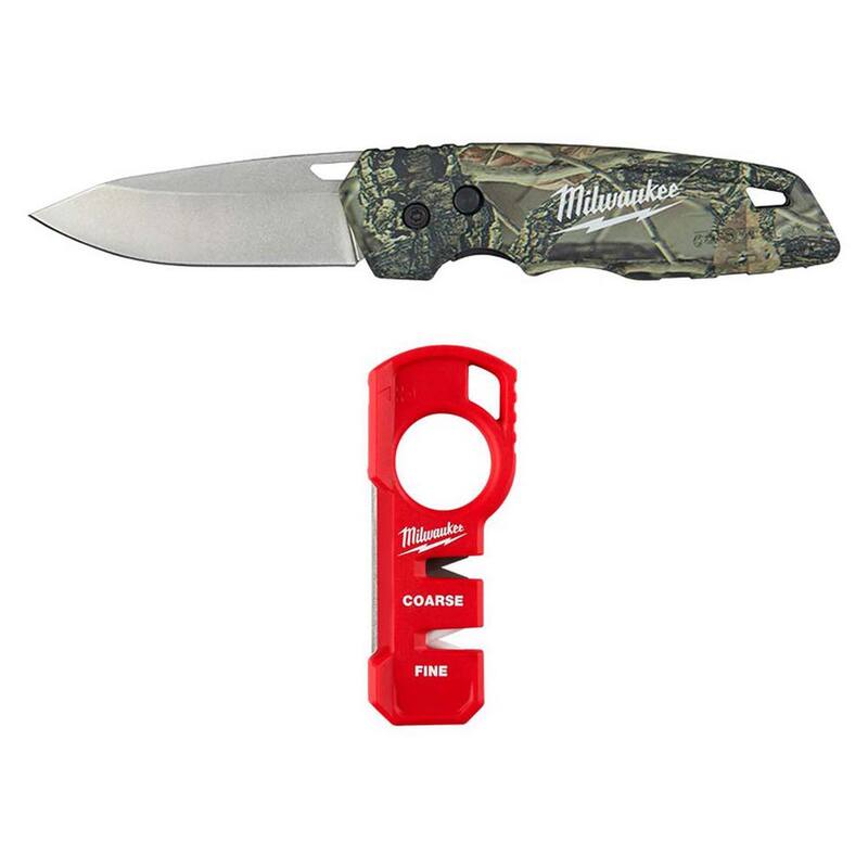 Milwaukee FASTBACK Camo Stainless Steel Folding Knife with 2.95 in. Blade with Compact Jobsite Knife Sharpener (2-Piece) - 48-22-1524-48-22-1590