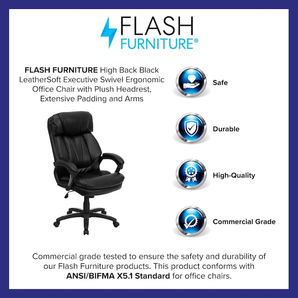 Flash Furniture Contemporary Chair Fixed Arms, 19" to 23-1/2" Height, Leather, Black - GO-1097-BK-LEA-GG