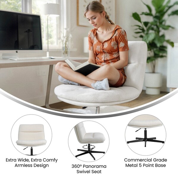 Flash Furniture Chloe Wide Mid-Back Cream Padded Faux Shearling Armless Office Chair, Swivel Function, Black Frame - CH-232196-1-CR-BK-GG