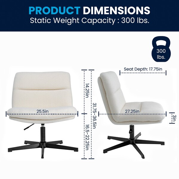 Flash Furniture Chloe Wide Mid-Back Cream Padded Faux Shearling Armless Office Chair, Swivel Function, Black Frame - CH-232196-1-CR-BK-GG