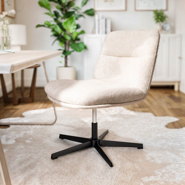 Flash Furniture Chloe Wide Mid-Back Cream Padded Faux Shearling Armless Office Chair, Swivel Function, Black Frame - CH-232196-1-CR-BK-GG