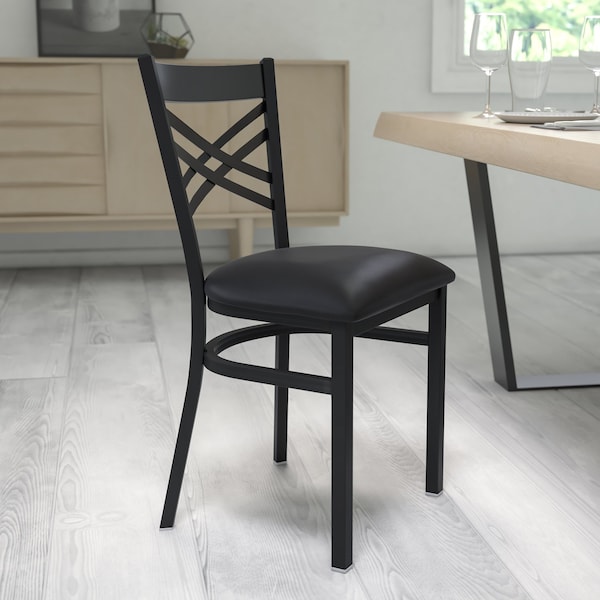 Flash Furniture Black ''X'' Back Metal Restaurant Chair, Black Vinyl Seat, PK2 - 2-XU-6FOBXBK-BLKV-GG