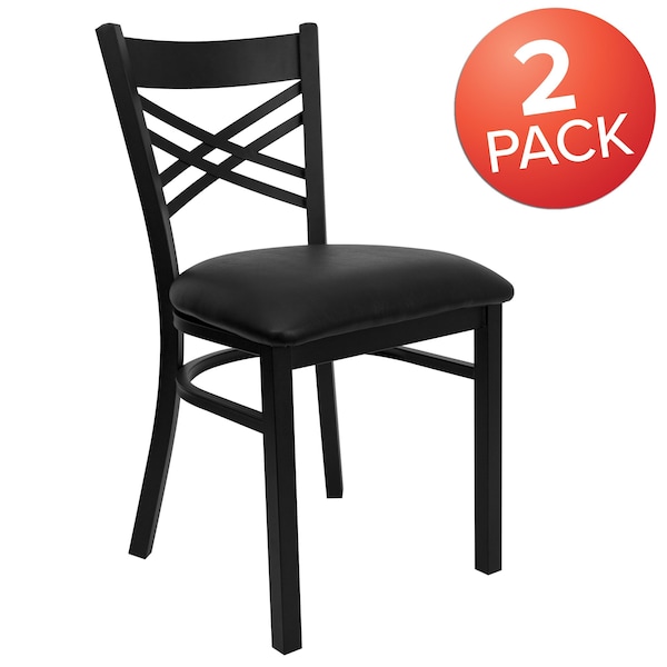 Flash Furniture Black ''X'' Back Metal Restaurant Chair, Black Vinyl Seat, PK2 - 2-XU-6FOBXBK-BLKV-GG