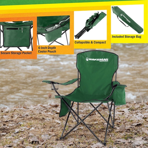 Wakeman Camping Chair - 300lb Folding Chair with Cupholder & Built-In Cooler by Wakeman Green - 75-CMP1128