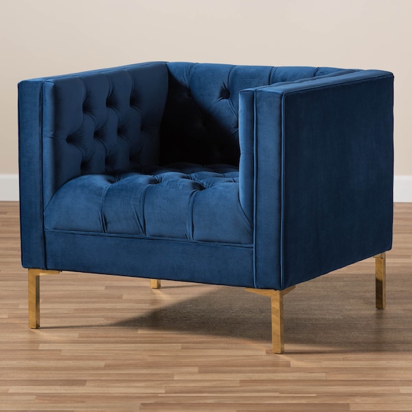 Baxton Studio Zanetta Navy Velvet Upholstered Gold Finished Lounge Chair - 146-8325