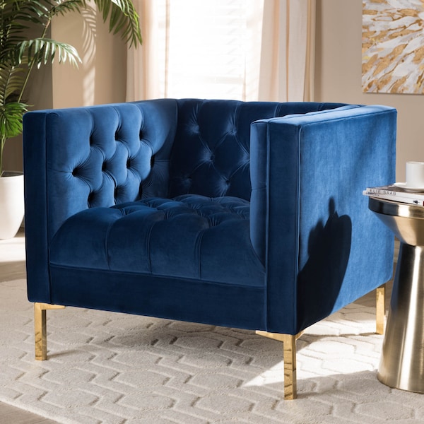 Baxton Studio Zanetta Navy Velvet Upholstered Gold Finished Lounge Chair - 146-8325