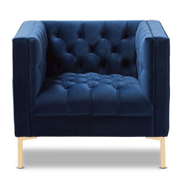 Baxton Studio Zanetta Navy Velvet Upholstered Gold Finished Lounge Chair - 146-8325