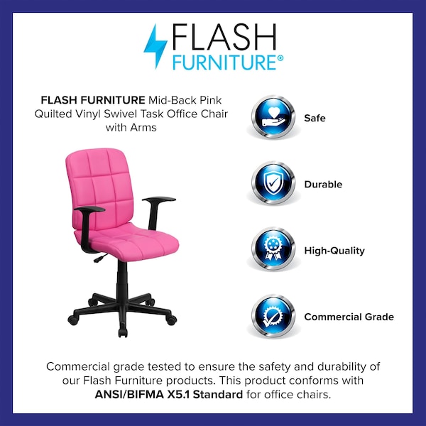 Flash Furniture Vinyl Contemporary Chair, 16-3/4" to 21-3/4, Fixed Arms, Pink - GO-1691-1-PINK-A-GG