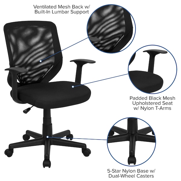 Flash Furniture Mesh Contemporary Chair, 17-1/4" to 20-1/4", Fixed Arms, Black - LF-W-95A-BK-GG