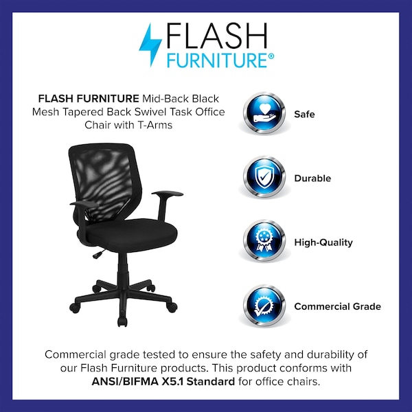 Flash Furniture Mesh Contemporary Chair, 17-1/4" to 20-1/4", Fixed Arms, Black - LF-W-95A-BK-GG