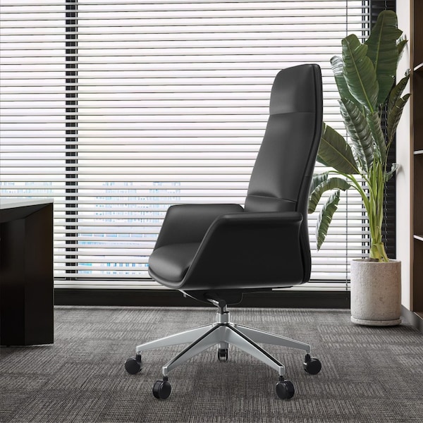 Leisuremod Summit High-Back Office Chair in Faux Leather & Aluminum Frame with Swivel & Tilt, Black - SOT21BLL