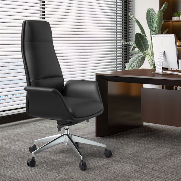 Leisuremod Summit High-Back Office Chair in Faux Leather & Aluminum Frame with Swivel & Tilt, Black - SOT21BLL