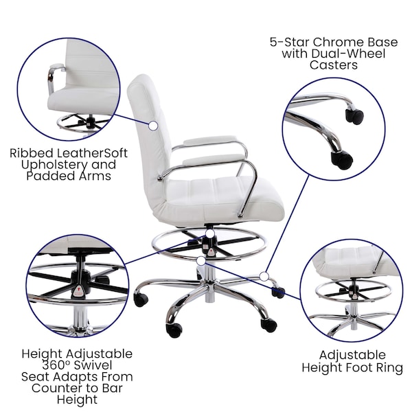 Flash Furniture White LeatherSoft Drafting Chair with Foot Ring - GO-2286B-WH-GG