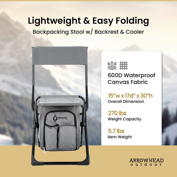 Arrowhead Outdoor Backpackable Fishing and Camp Chair with Backrest and 25-Can Cooler, Gray - KKS0325U