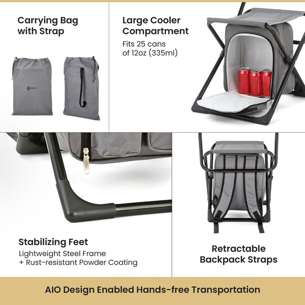Arrowhead Outdoor Backpackable Fishing and Camp Chair with Backrest and 25-Can Cooler, Gray - KKS0325U