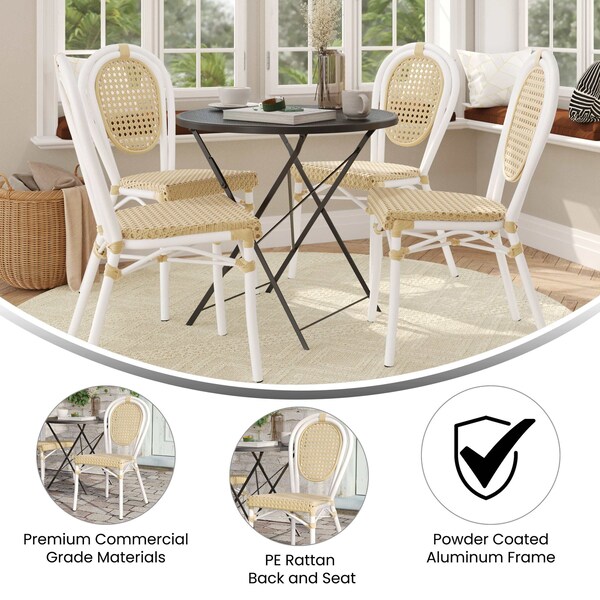 Flash Furniture Cannes Thonet French Bistro Stacking Chair, Natural PE Cane Rattan and White Aluminum Frame, 4PK - 4-SDA-AD642110-1-NAT-WH-GG