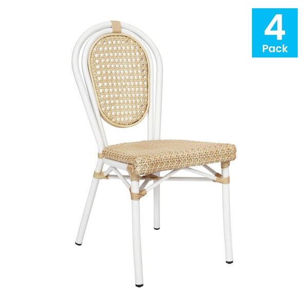 Flash Furniture Cannes Thonet French Bistro Stacking Chair, Natural PE Cane Rattan and White Aluminum Frame, 4PK - 4-SDA-AD642110-1-NAT-WH-GG