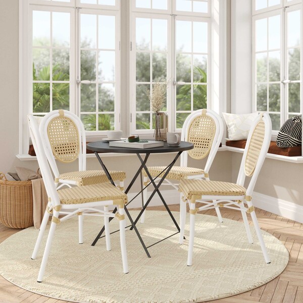 Flash Furniture Cannes Thonet French Bistro Stacking Chair, Natural PE Cane Rattan and White Aluminum Frame, 4PK - 4-SDA-AD642110-1-NAT-WH-GG